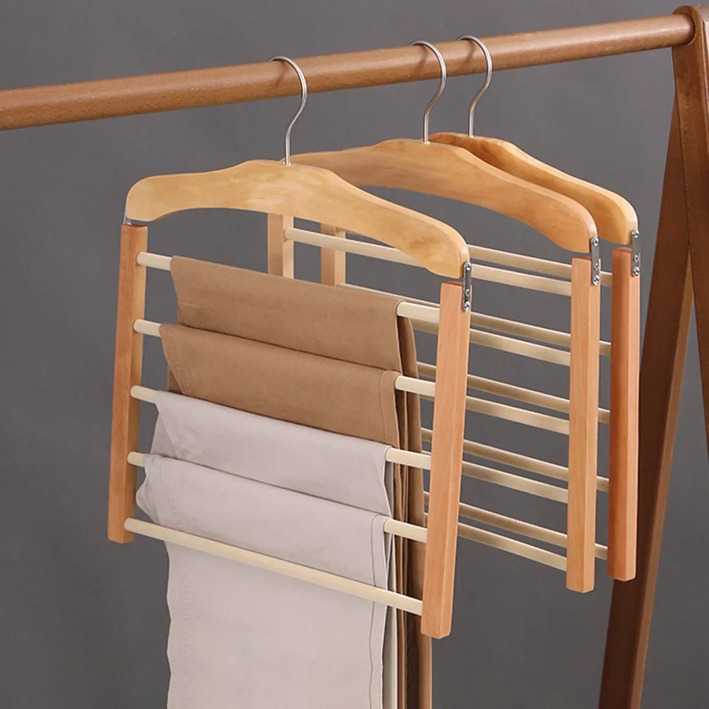 Space-Saving Wooden Multi-Pants Hanger with Metal Clips