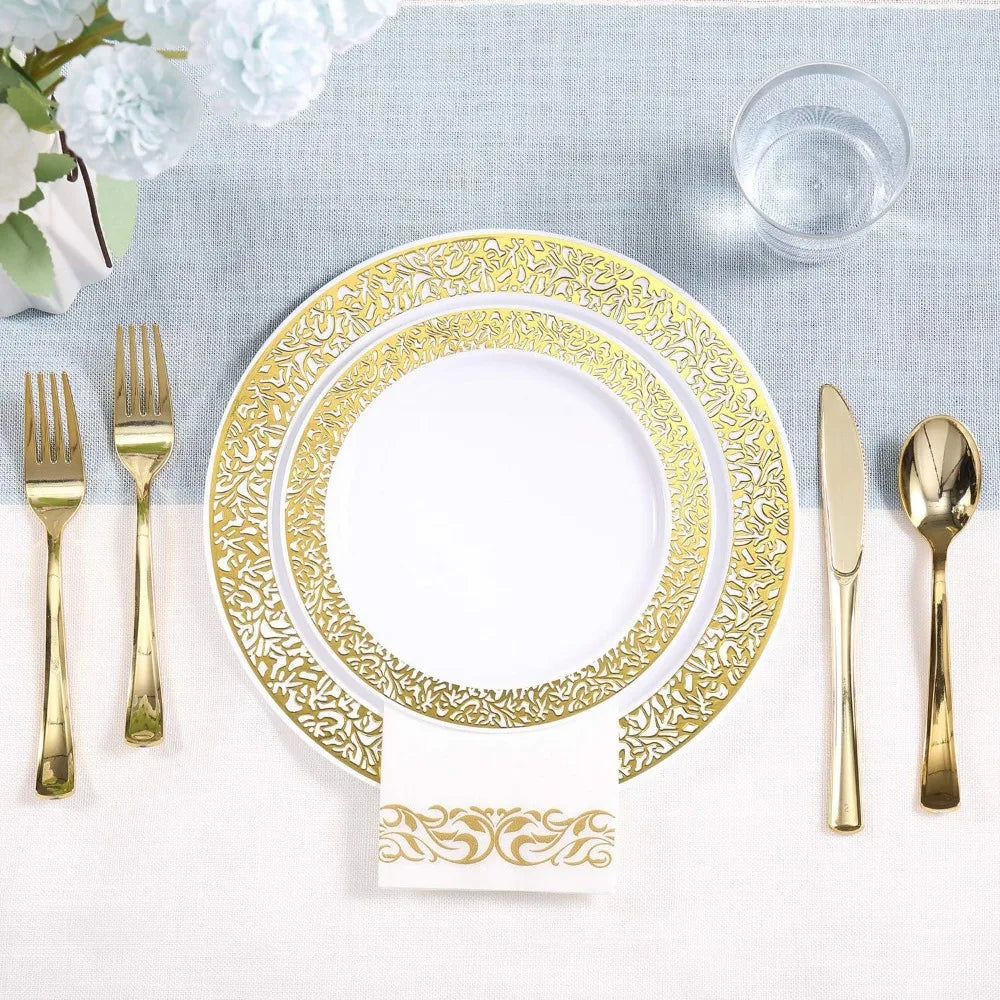 350-Piece Disposable Gold Lace Dinnerware Set for 50 Guests