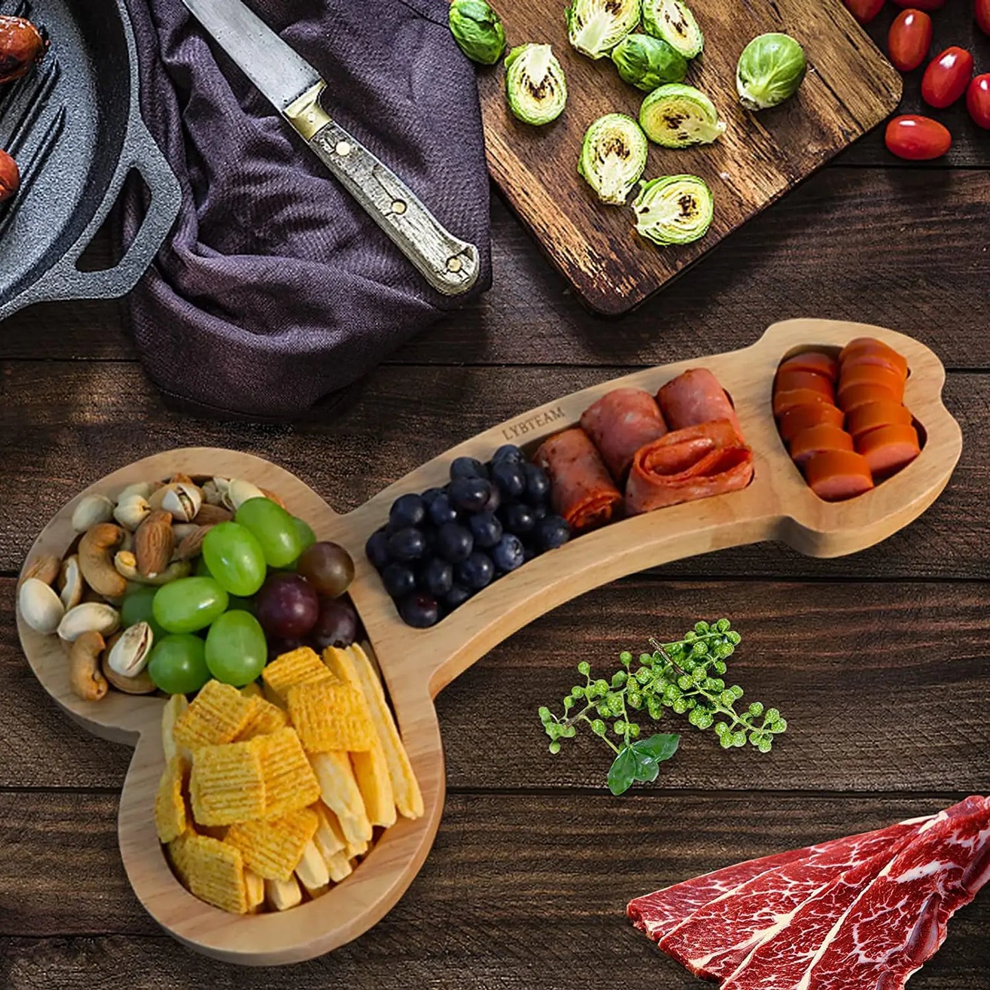 Wooden Cheese Board with Compartments for Charcuterie and Snacks