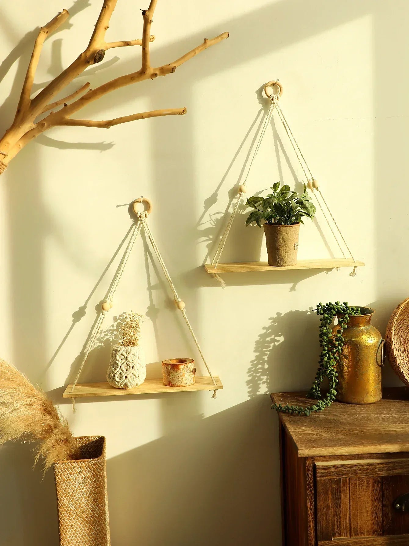 Wooden Macrame Floating Wall Shelf - Boho Rustic Home Decor