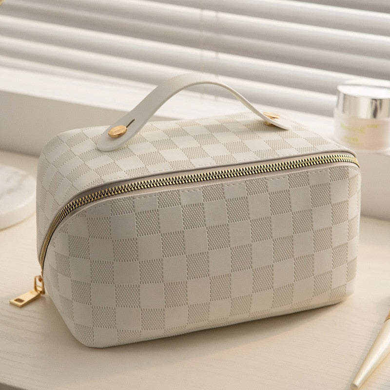 Luxury Checkered PU Leather Cosmetic Bag