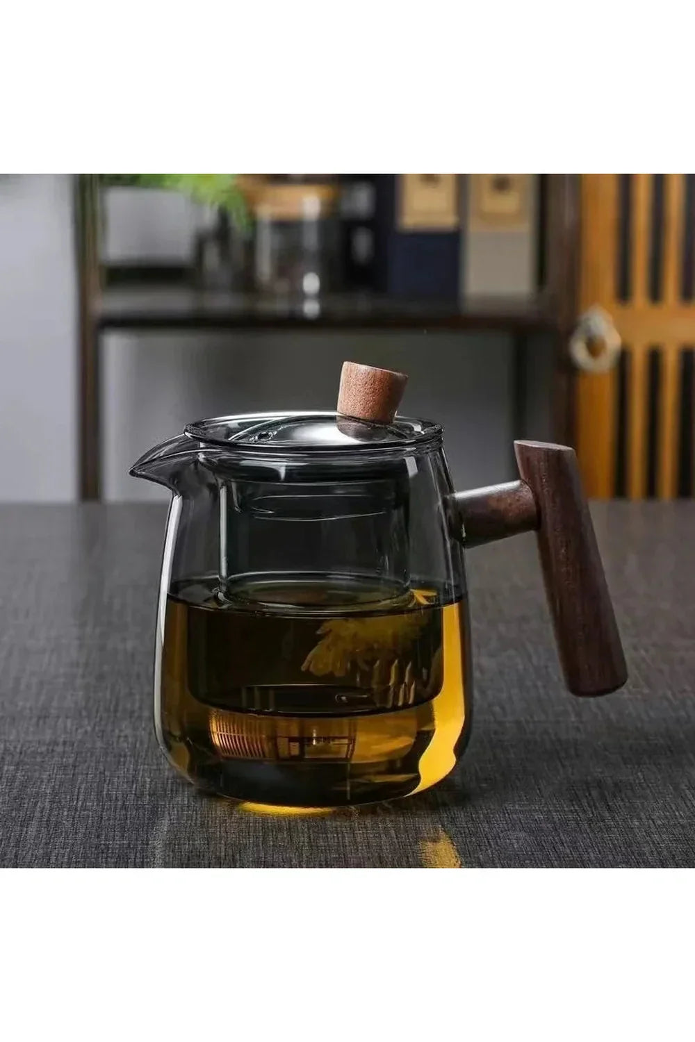 Wooden Handle Glass Teapot with Rounded Body and Front Spout