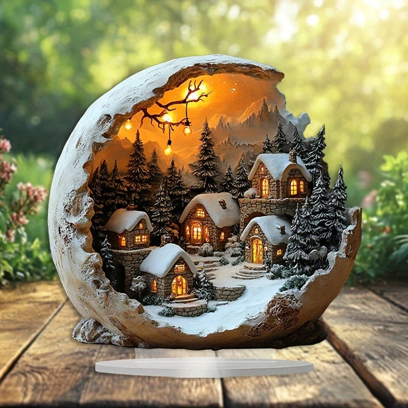 Boho Acrylic Winter Village Table Decoration with Warm Light
