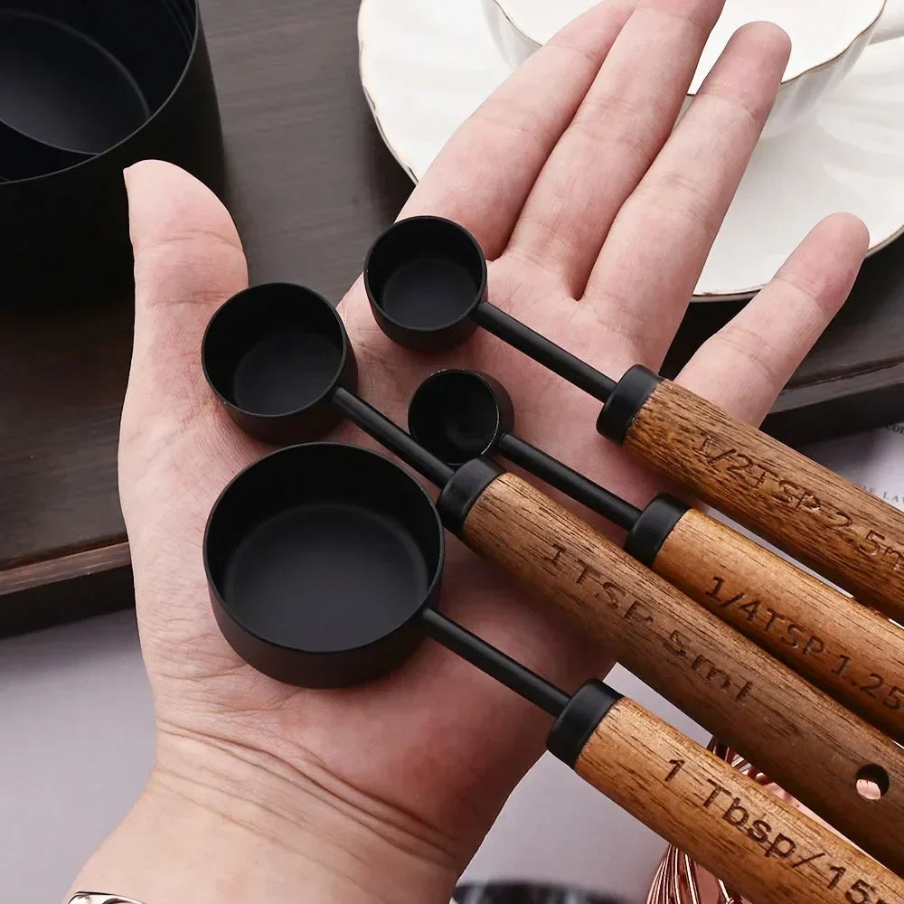 Stainless Steel Measuring Cups and Spoons Set with Wooden Handles