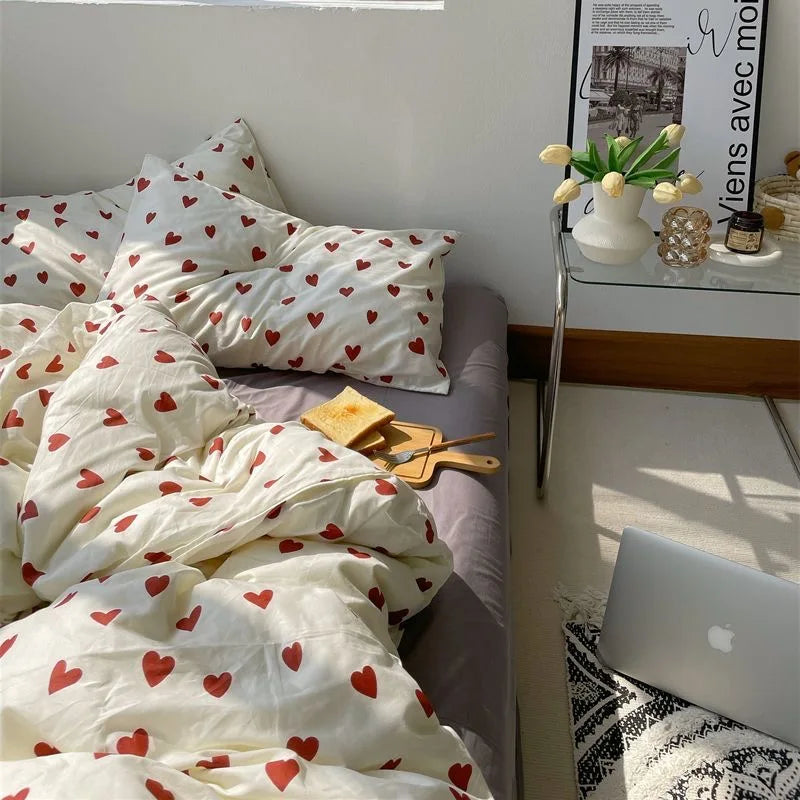Soft Korean-Style Heart Duvet Cover Set in Twin, Full & Queen Sizes