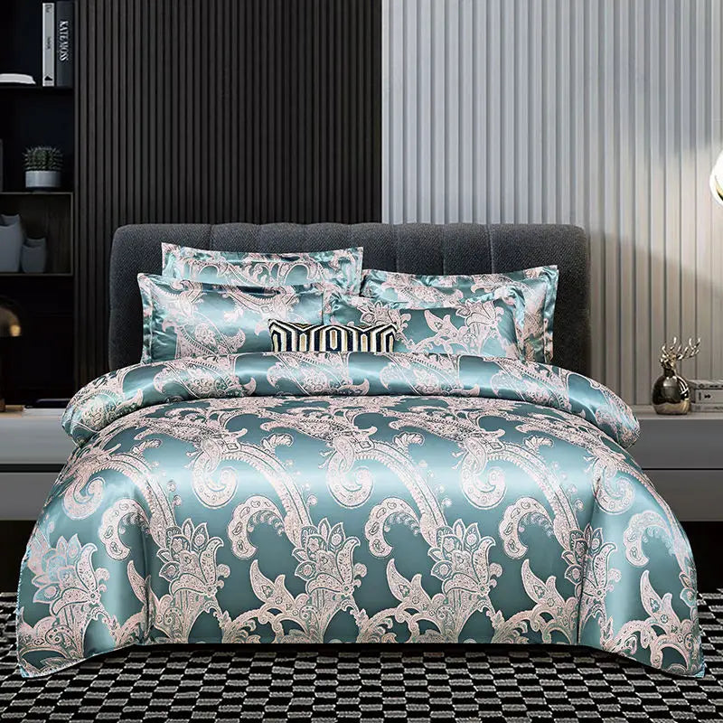 Satin Rayon Jacquard Duvet Cover Set in Gold and Blue