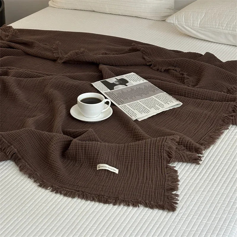 Solid Color Cotton Sofa Blanket with Fringed Edges