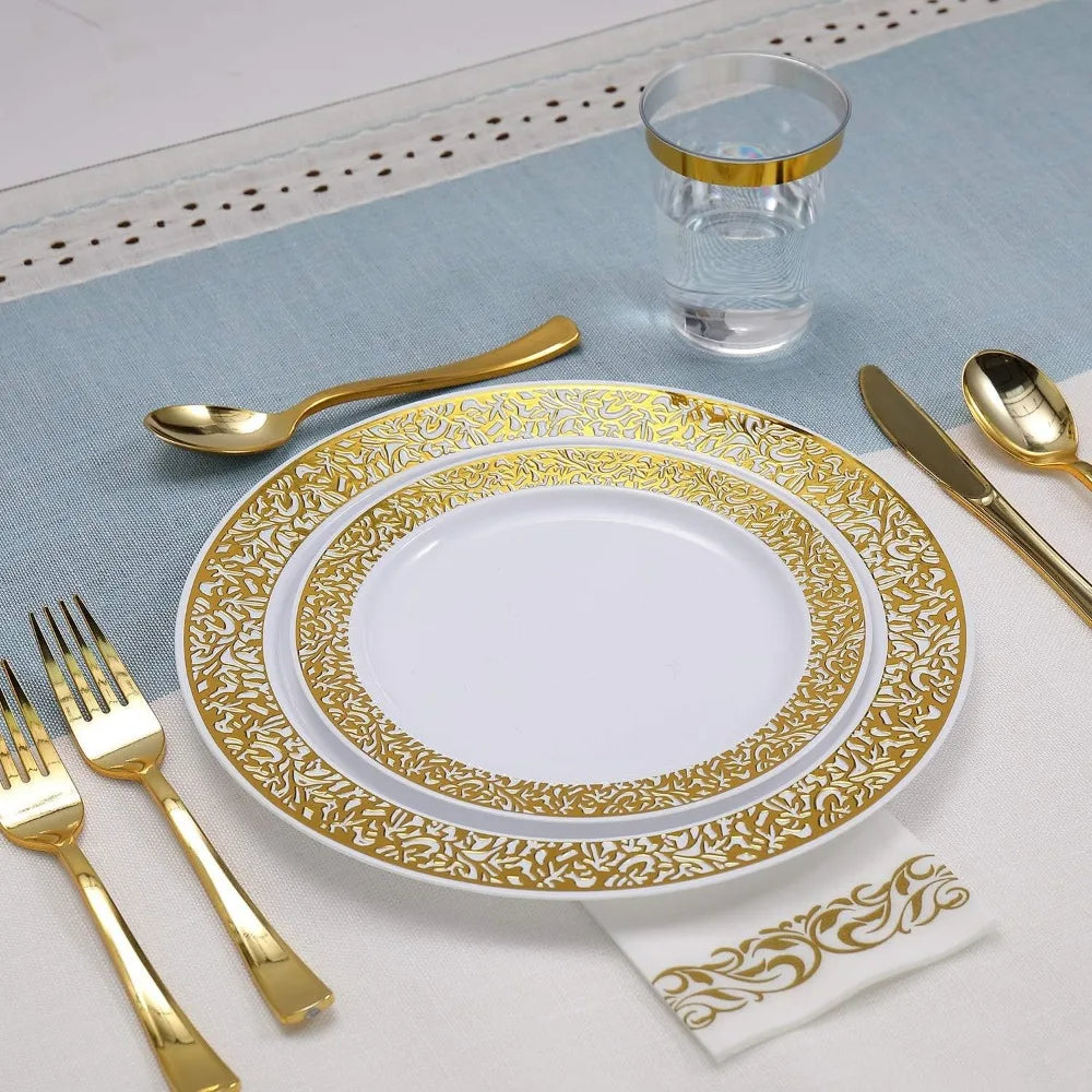 350-Piece Disposable Gold Lace Dinnerware Set for 50 Guests