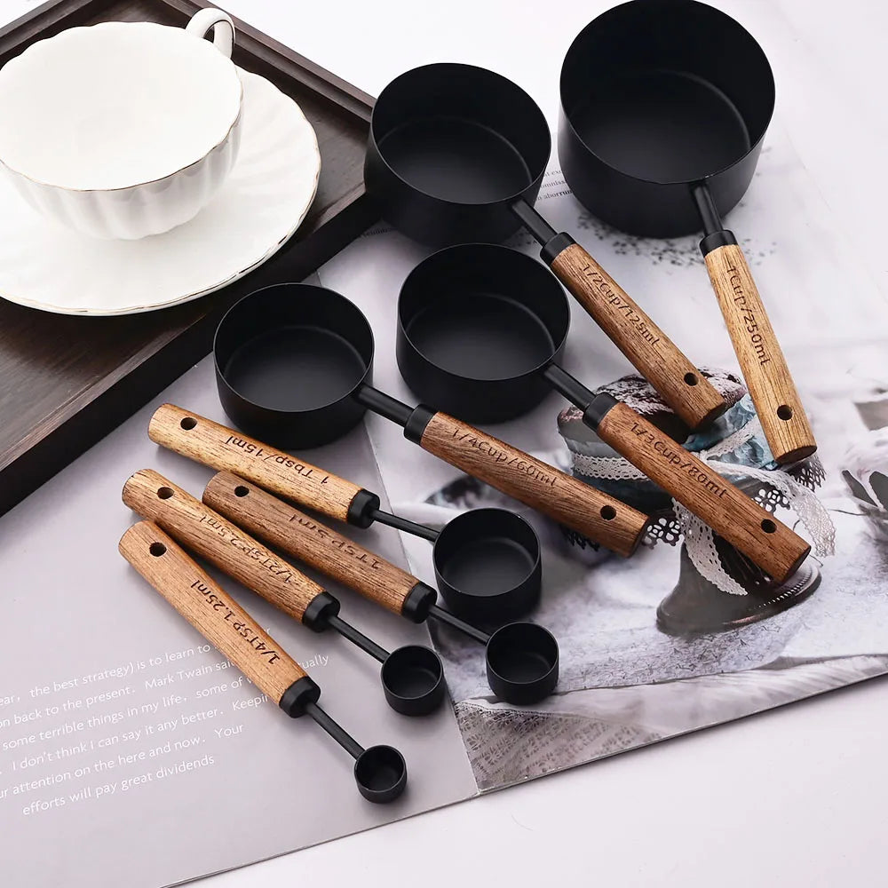 Stainless Steel Measuring Cups and Spoons Set with Wooden Handles