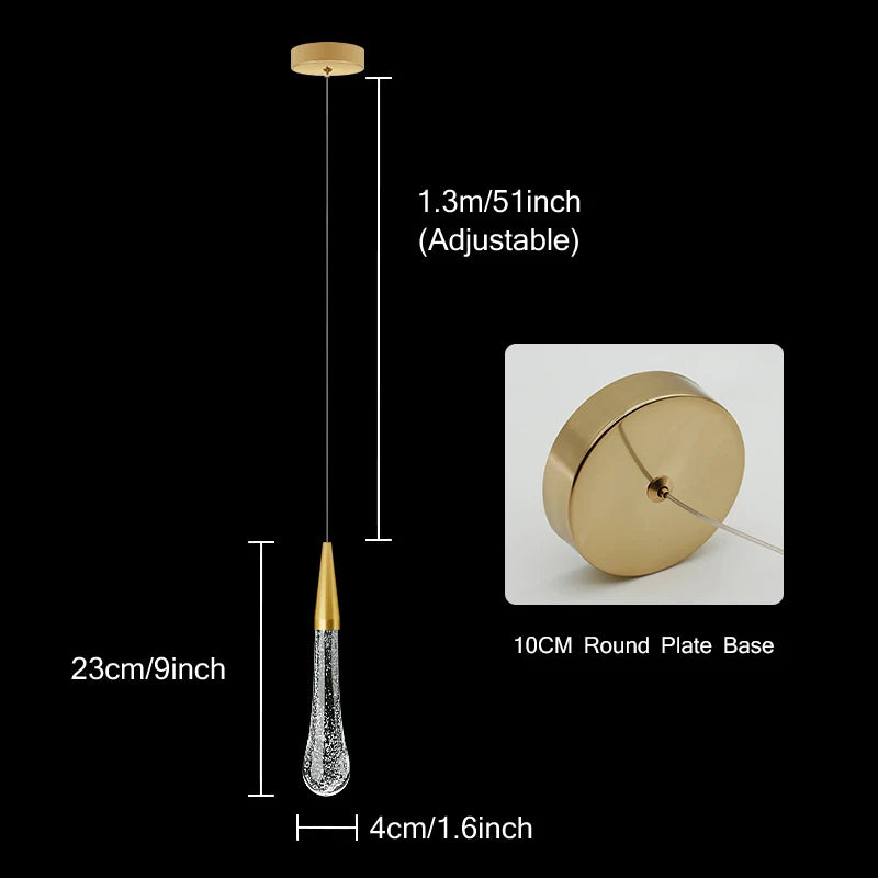 Crystal LED Pendant Light with Teardrop Design and Metal Frame