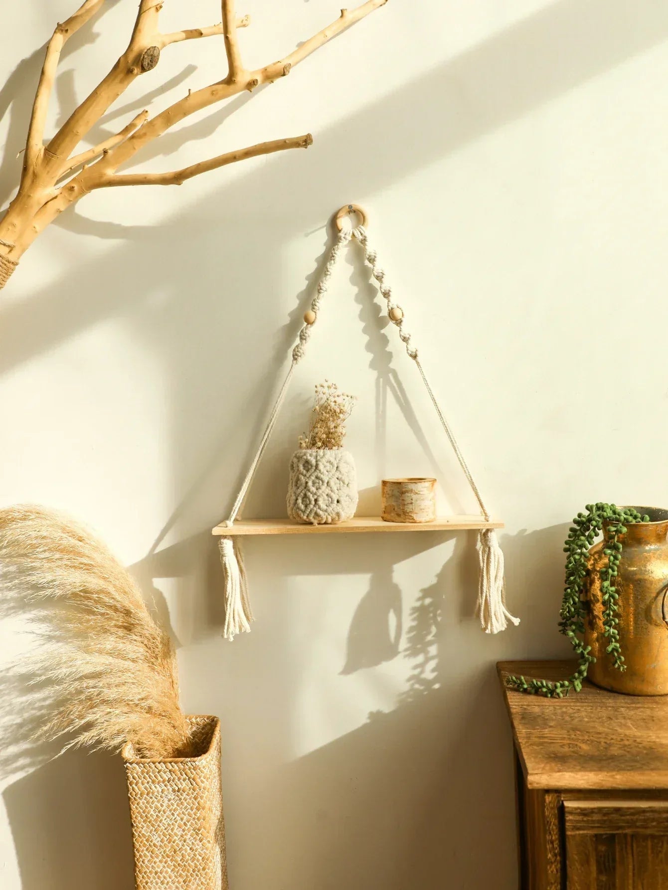 Wooden Macrame Floating Wall Shelf - Boho Rustic Home Decor