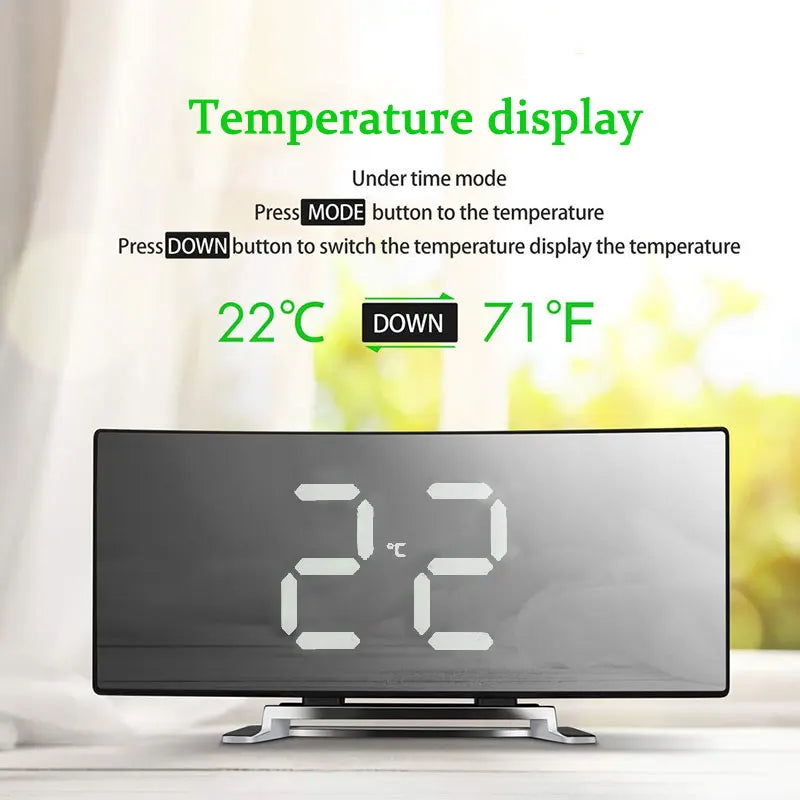 Curved LED Digital Alarm Clock with Snooze and Mirror Finish
