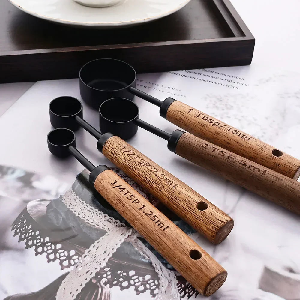 Stainless Steel Measuring Cups and Spoons Set with Wooden Handles