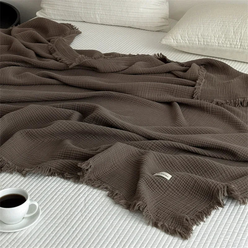 Solid Color Cotton Sofa Blanket with Fringed Edges