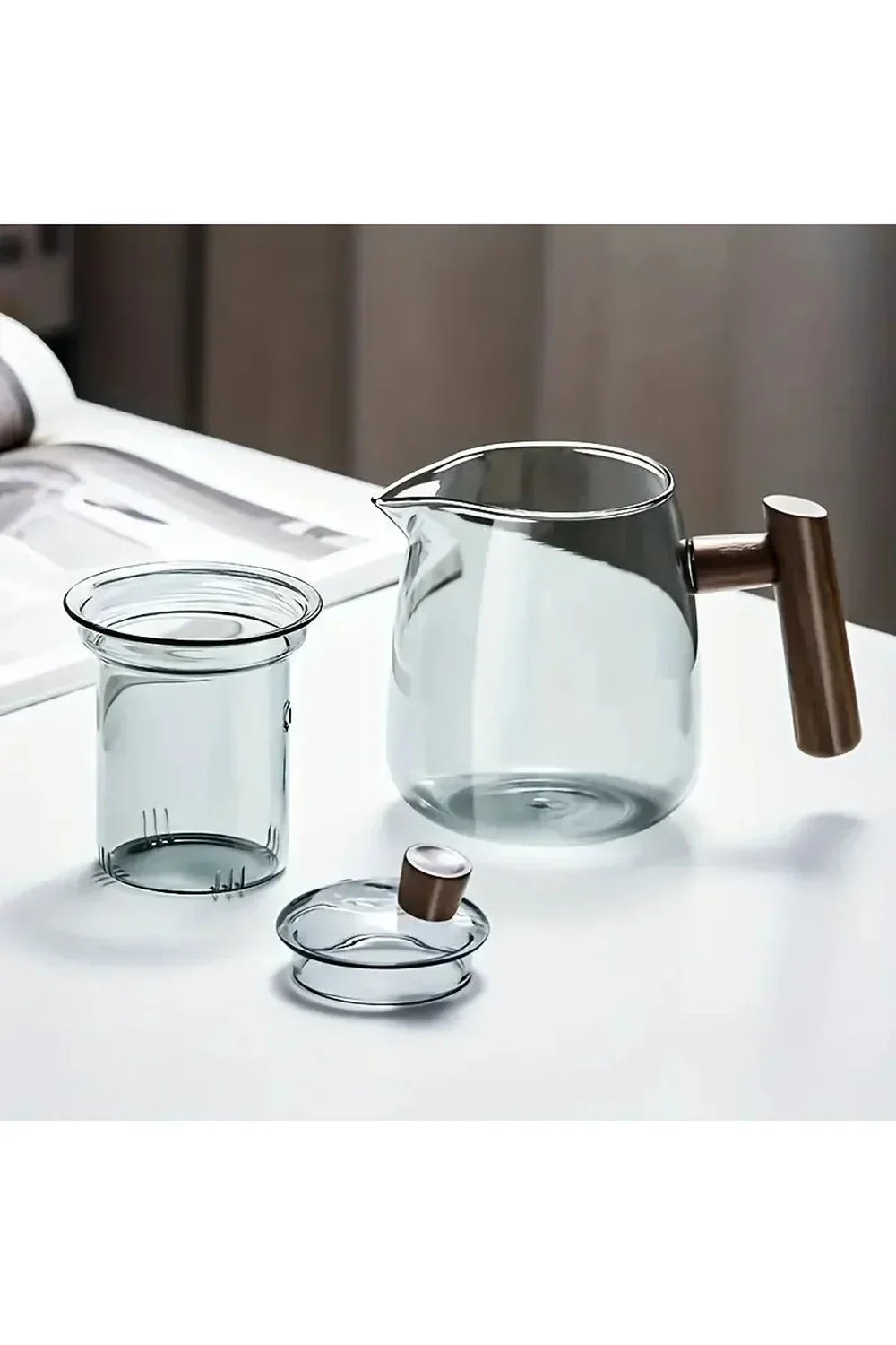 Wooden Handle Glass Teapot with Rounded Body and Front Spout
