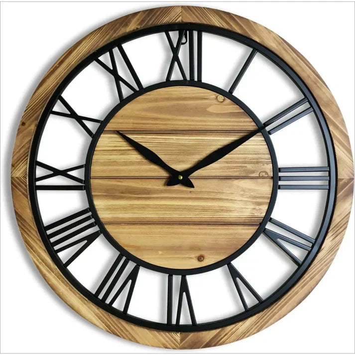 Rustic Wooden Wall Clock with Large Roman Numerals