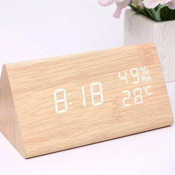 Wooden Look LED Alarm Clock with Three Alarms and Temperature Display