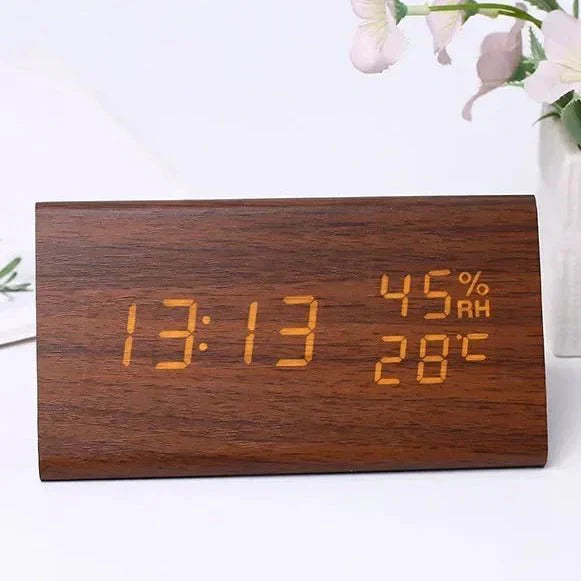 Wooden Look LED Alarm Clock with Three Alarms and Temperature Display