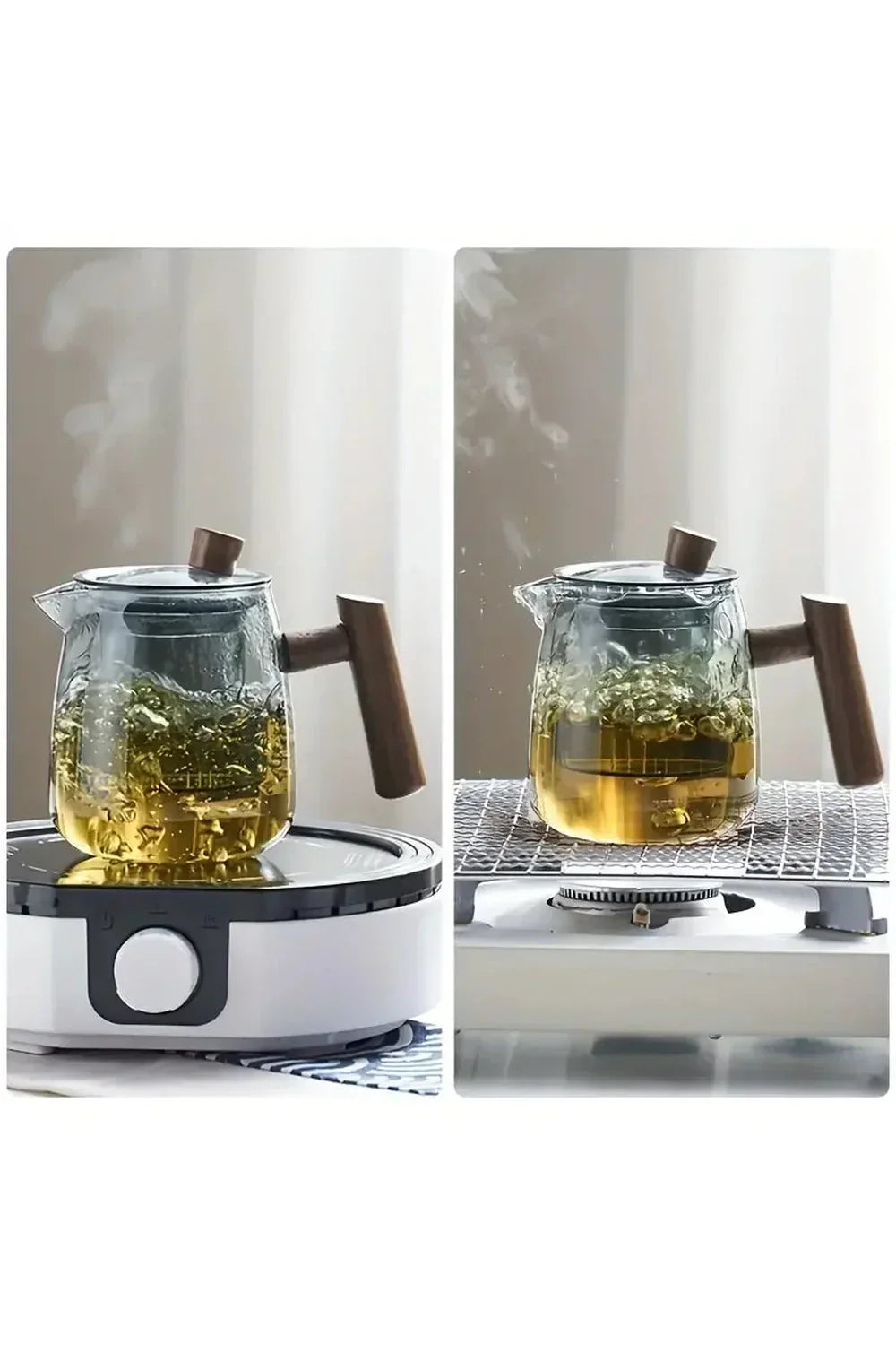 Wooden Handle Glass Teapot with Rounded Body and Front Spout