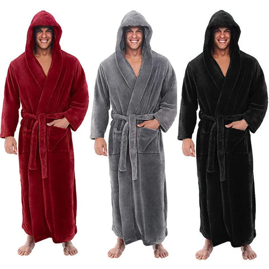 Hooded Plush Bathrobe for Men - Cozy and Warm