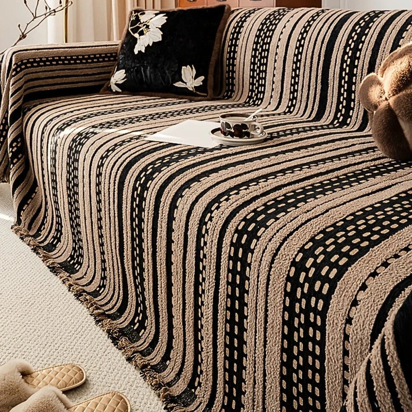 Plush Boho Sofa Blanket Cover with Striped Texture