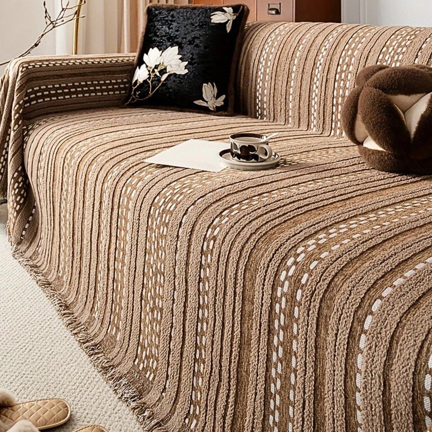 Plush Boho Sofa Blanket Cover with Striped Texture