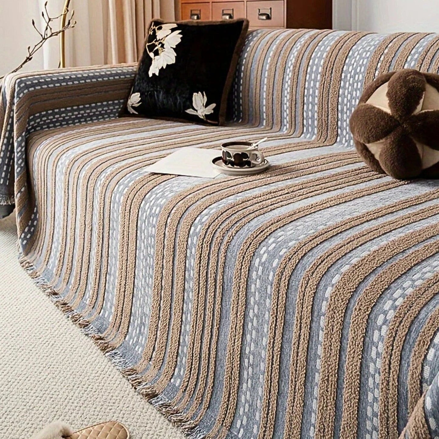 Plush Boho Sofa Blanket Cover with Striped Texture