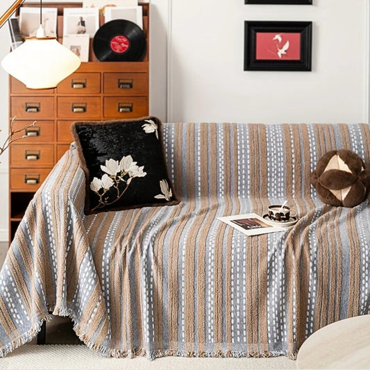 Plush Boho Sofa Blanket Cover with Striped Texture