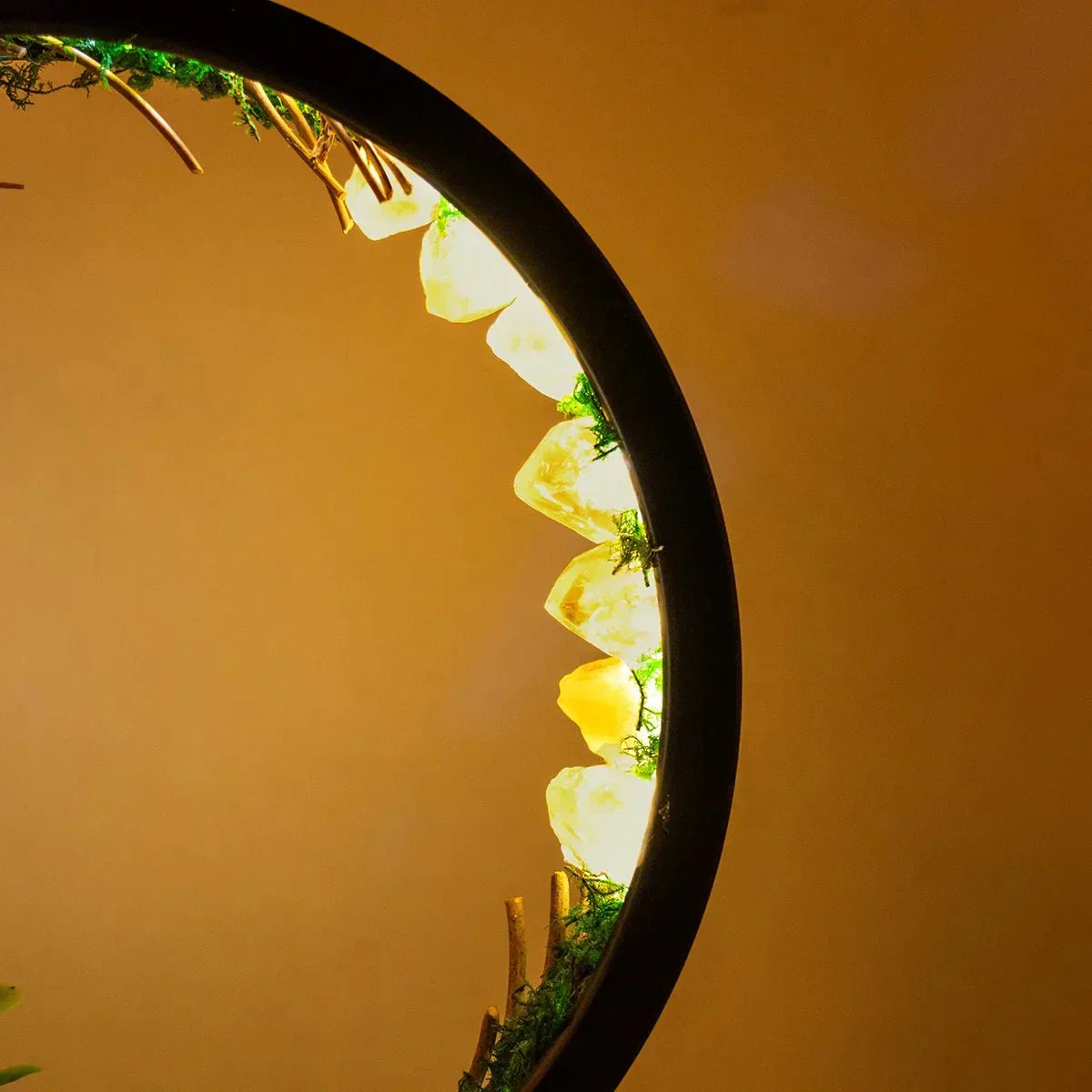 Elegant Round Night Lamp with Green Crystals and Plants
