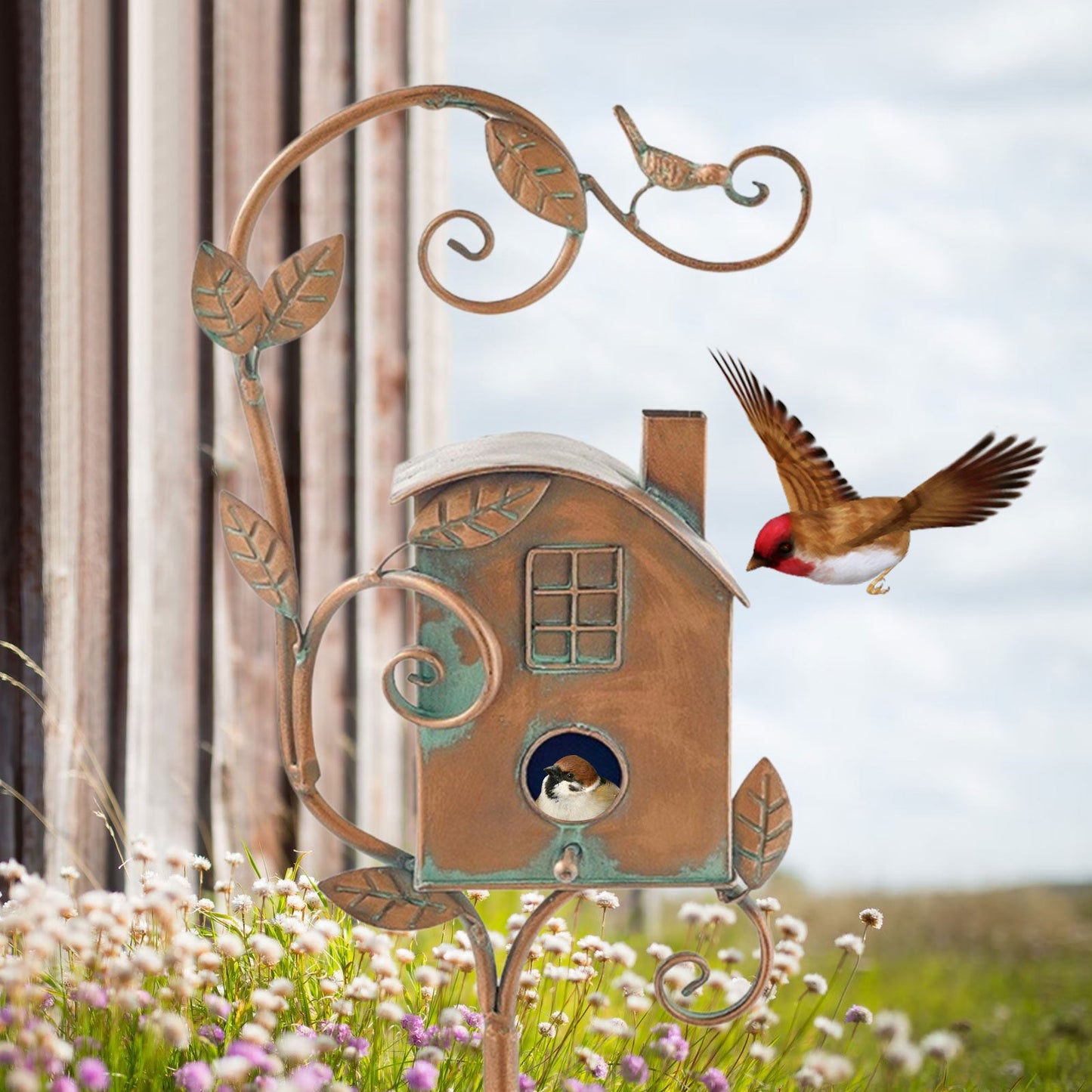 Metal Art Birdhouse Garden Stake for Outdoor Decor