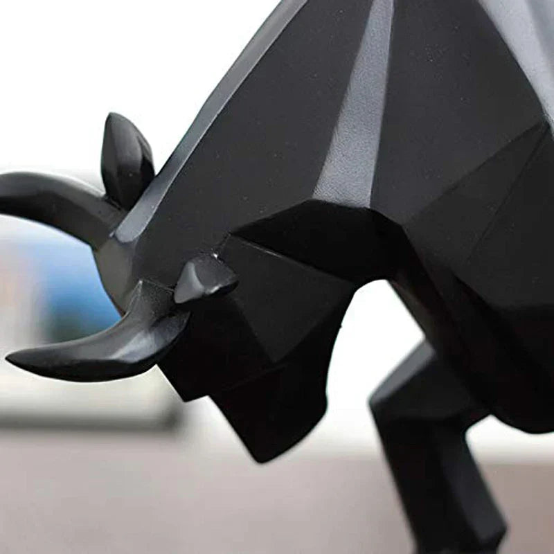 Modern Geometric Bull Figurine in Black and White Resin