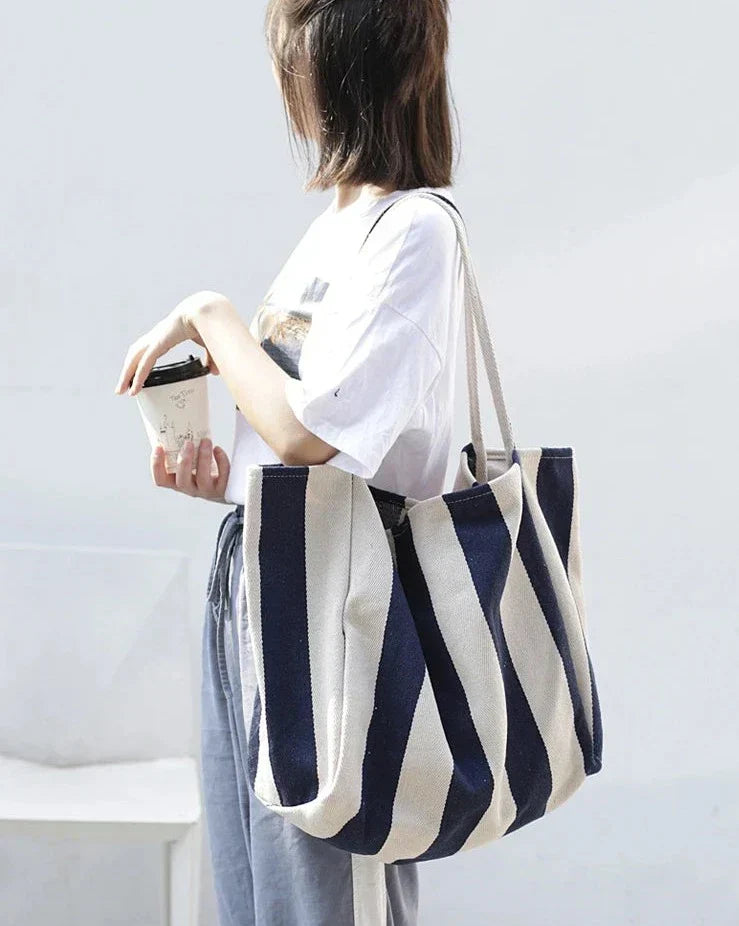Striped Linen Tote Bag with Durable Canvas Material