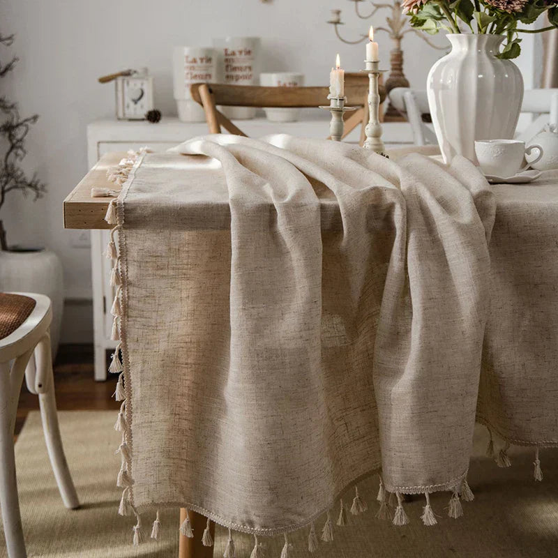 Cotton-Linen Rectangular Tablecloth with Fringes for Weddings and Easter Decorations