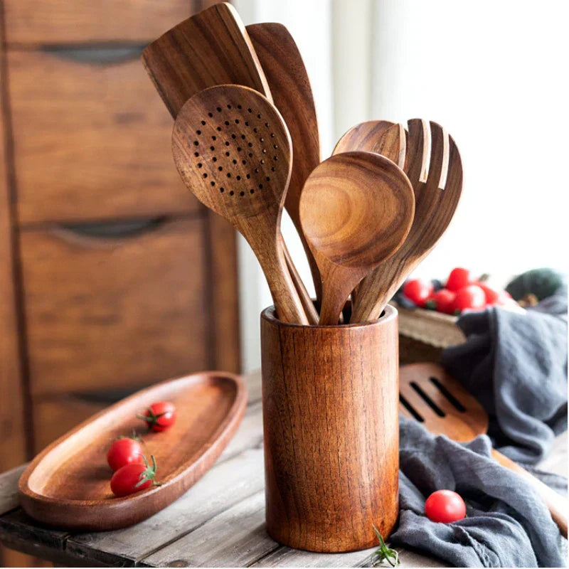 Acacia Wood Kitchen Utensil Set with Display Stand