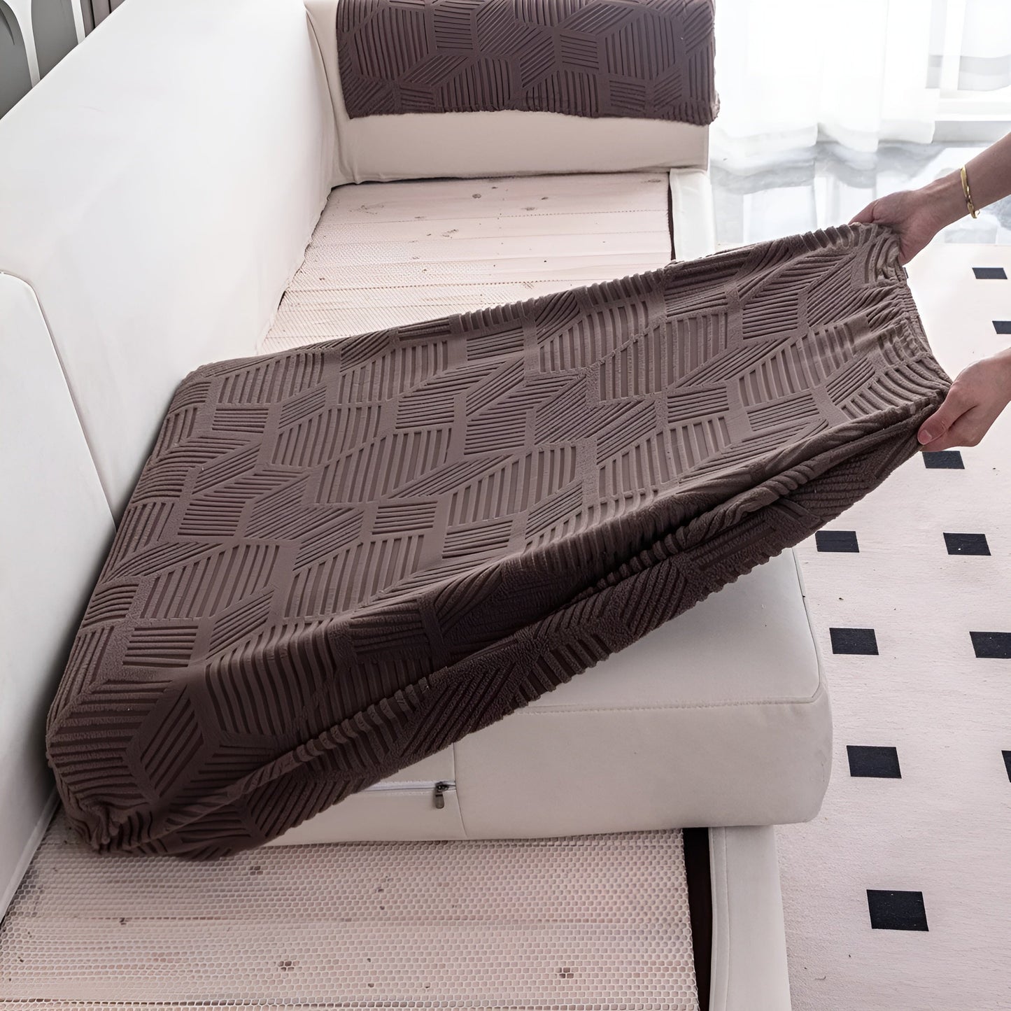 Geometric Jacquard Sofa Cover - Soft, Pet-Friendly, 360° Protection