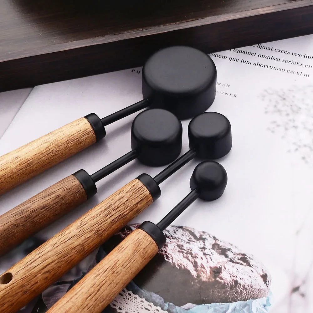Stainless Steel Measuring Cups and Spoons Set with Wooden Handles