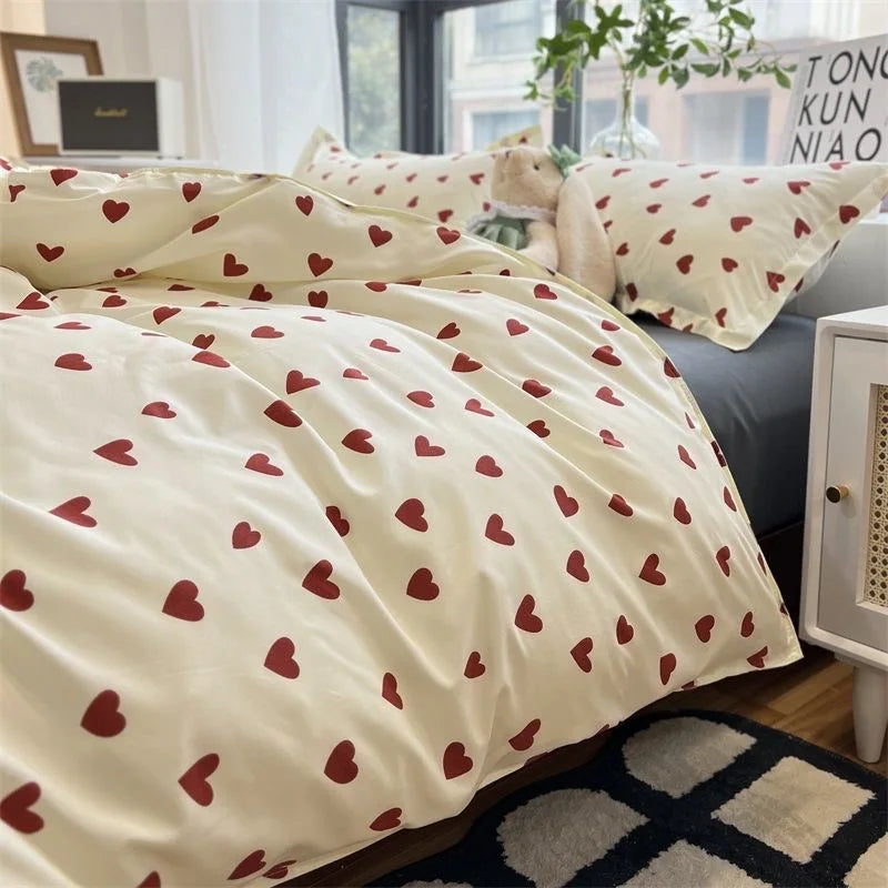 Cozy Love Heart Duvet Cover Set - Soft Korean-Style Bedding in Twin, Full, Queen