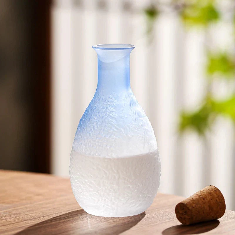 Ombre Blue Glass Sake Set with Carafe, Cups, and Tray