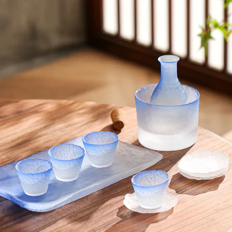 Ombre Blue Glass Sake Set with Carafe, Cups, and Tray