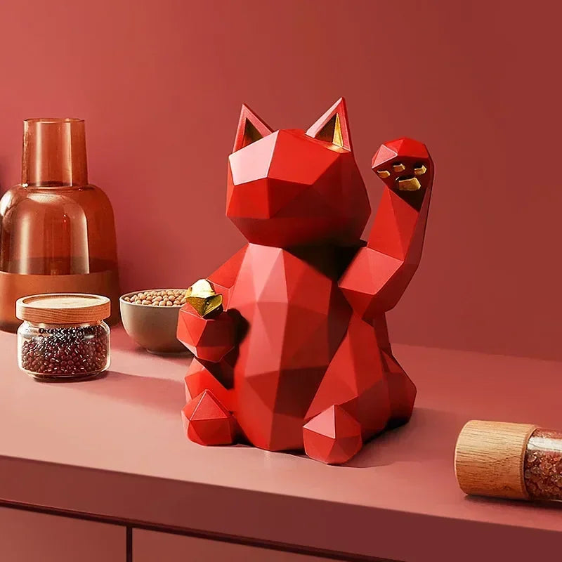Geometric Lucky Cat Statue in Red and White Resin