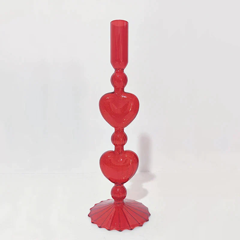 Red Heart-Shaped Vintage Glass Candle Holder