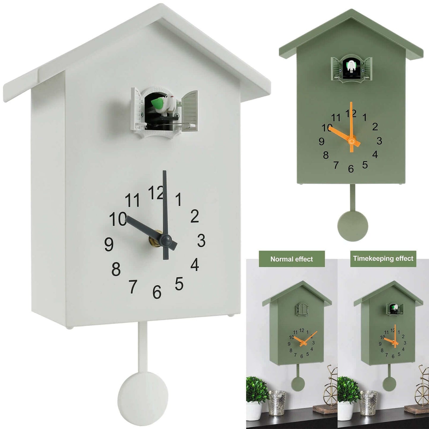 Contemporary Cuckoo Quartz Wall Clock in White, Blue, or Green