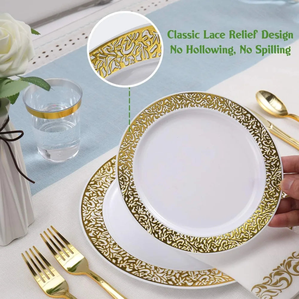 350-Piece Disposable Gold Lace Dinnerware Set for 50 Guests