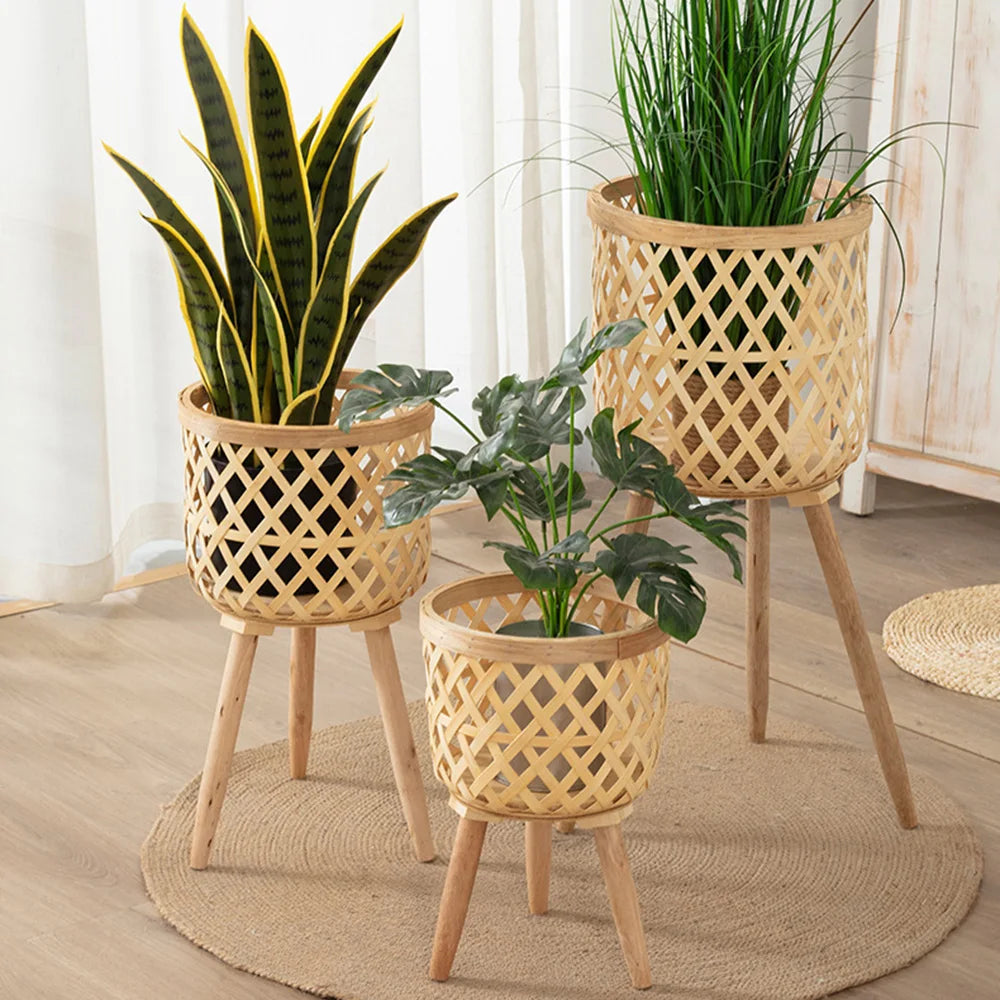 Handcrafted Bamboo Woven Flower Pot with Stand