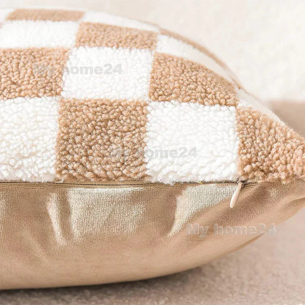Checkerboard Faux Fur Pillowcase in Khaki and Coffee