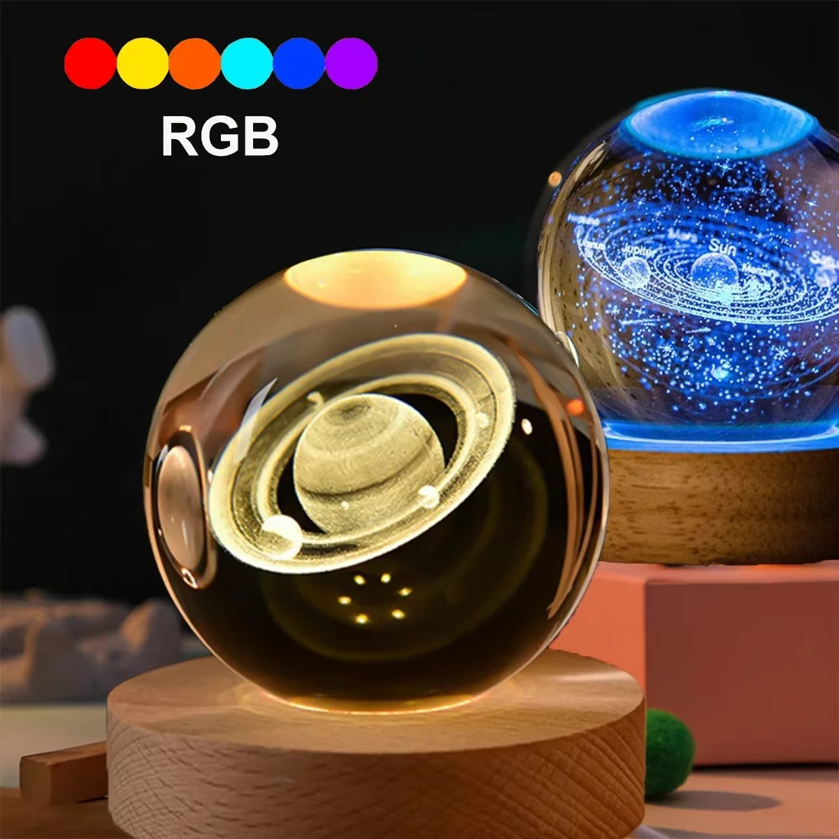 RGB Crystal Ball Night Light with Milky Way and Moon Design