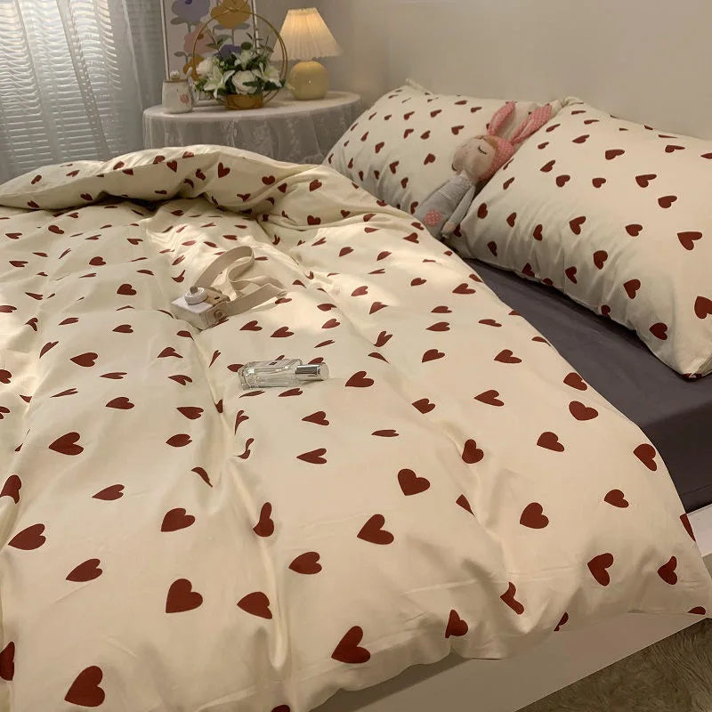 Cozy Love Heart Duvet Cover Set - Soft Korean-Style Bedding in Twin, Full, Queen