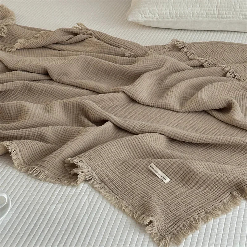 Solid Color Cotton Sofa Blanket with Fringed Edges