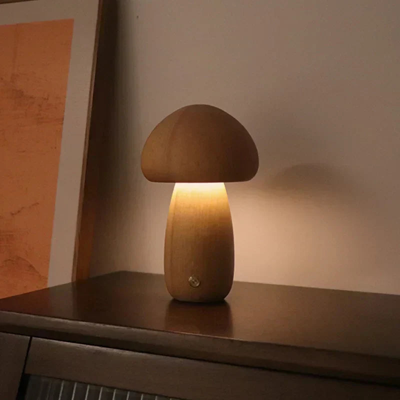 Mushroom-Shaped Wooden Touch-Control LED Lamp