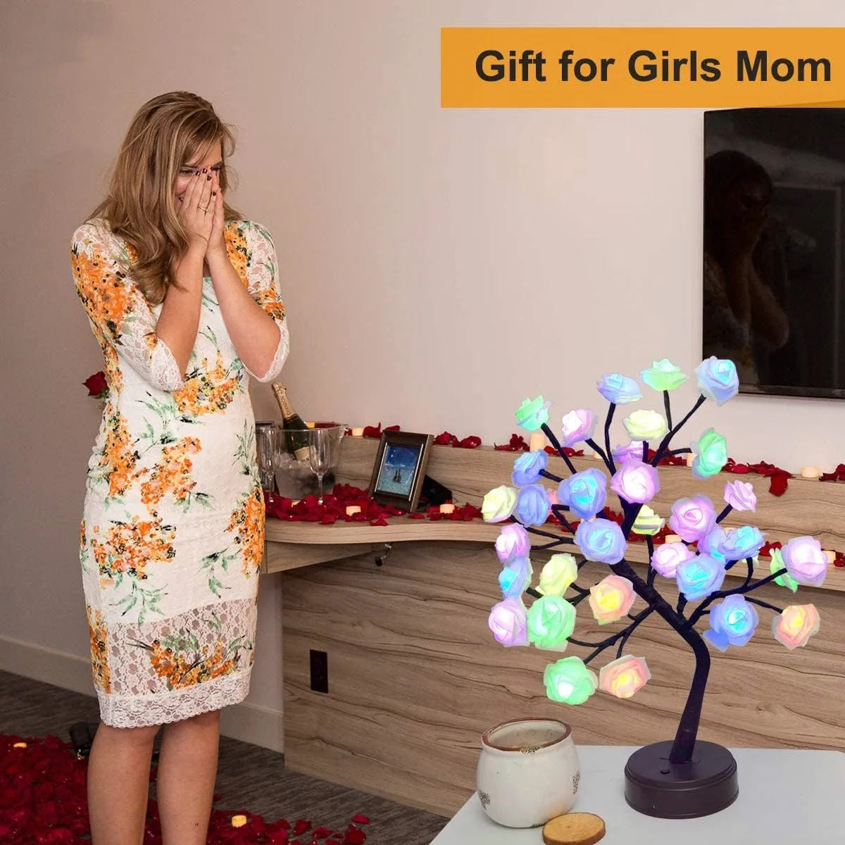 Pink Rose LED Table Lamp with USB and Battery Power